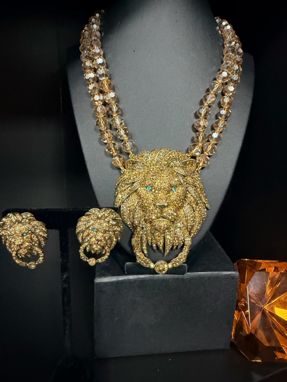 Heidi Daus Gold Lion Head Statement Necklace and Earring Set